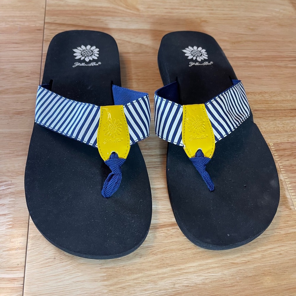 Yellow Box Womens Striped Nautical Flip Flop Sandals Blue White Yellow Sz 10 - Picture 1 of 5